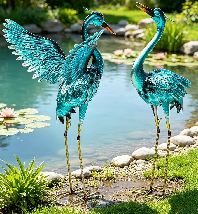 36.8" Metal Crane Garden Statue, Oversized Heron Yard Decor | Handcrafted with 3DTexture, Hand-Painted, U-ground Stakes for Stability, Weather Resistant Iron, Backyard Lawn Pond Patio