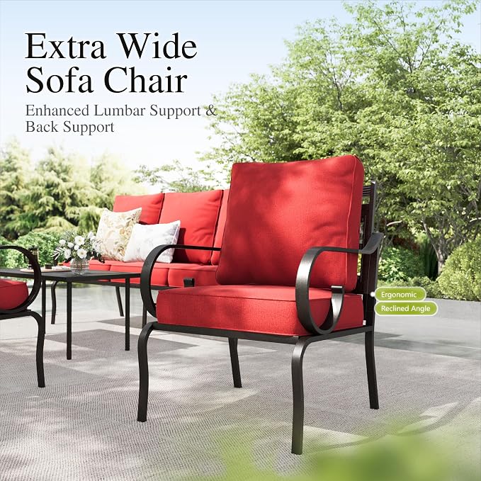 Sophia & William Patio Conversation Set for 5, 3-Seater Sofa, 2 Fixed Chairs and a 45" Fire Pit Table, Metal Outdoor Furniture with 5.75" Extra Thick Cushions, Red