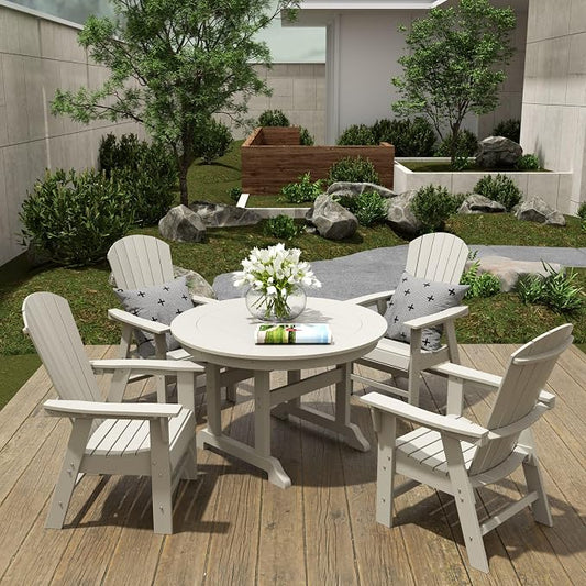 WestinTrends Dylan Adirondack Outdoor Dining Set for 4, All Weather Poly Lumber Patio Table and Chairs Set of 4, 47" Trestle Round Dining Table and Seashell Adirondack Dining Chair, Sand