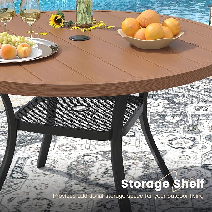VICLLAX Round Patio Dining Table for 4-6, Outdoor Metal Dining Table with Umbrella Hole for Deck Lawn Garden Backyard, 47.2" Walnut