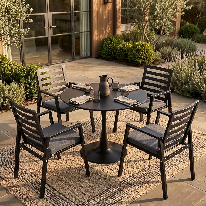 LeisureMod Bello 31" Round Outdoor Dining Table, Modern Black Metal Patio Bistro Table with Pedestal Base, Weather-Resistant Accent Table for Balcony, Garden, Deck, Backyard & Cafe, Black