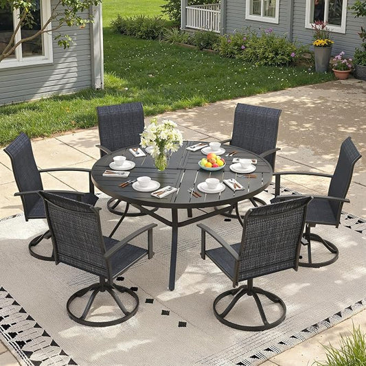7 Pieces Round Outdoor Table and Chairs Set, Patio Dining Set with 50" Round Spliced Outdoor Table and Patio Swivel Chairs for Backyard Lawn Garden, Black Table and Black Chairs