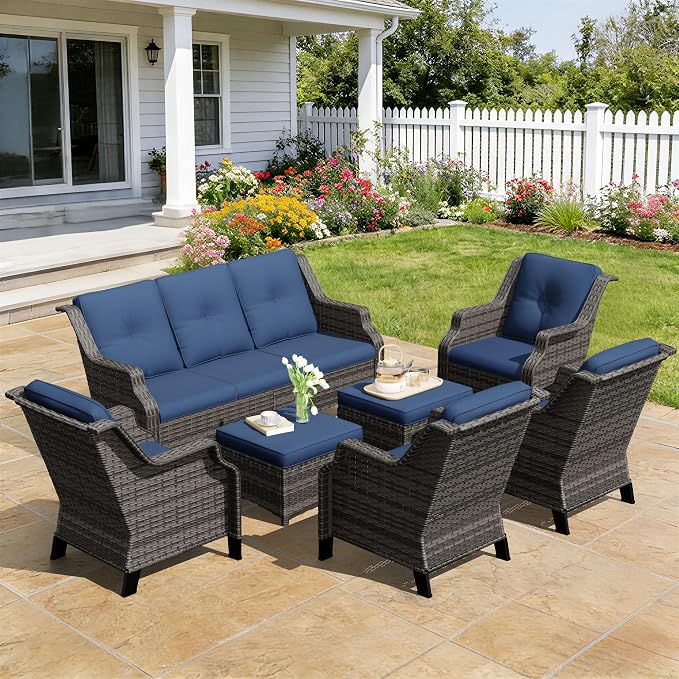 Outdoor Patio Furniture Set, 7 Piece Wicker Patio Furniture with Thick Cushions, Curved Armrest, Deep Seating, Rattan Outdoor Chairs for Porch, Deck, Balcony