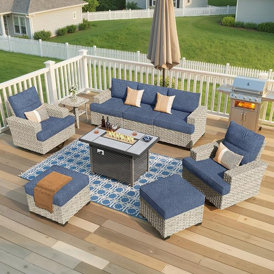 Weaxty 9 Pieces Wide Seats Outdoor Furniture Set, Sectional Couch Swivel Rocking Chair Ottoman Fire Pit Table, Thick Cushion All-Weather Rattan Patio Conversation Sets for Backyard Deck, Denim Blue