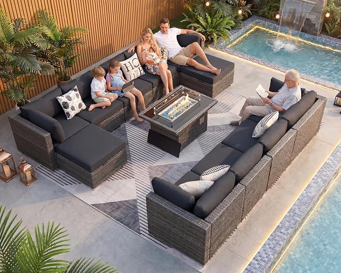 NICESOUL 13 Piece Patio Furniture w/Fireplace, Elegant Outdoor Seating w/Firepit, XL Size 29.3'' High Back Sectional Sofa, All-Weather Rattan Deck Couch, Modular Sturdy Conversation Set, Dark Gray
