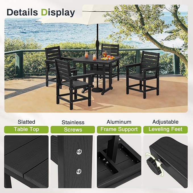 COMPISA 5 Piece Outdoor Dining Set, HDPS Patio Table and Chairs Set, 35" Patio Table with 1.96" Umbrella Hole & 4 Chairs, All Weather Furniture for Garden, Backyard, Poolside (Black)