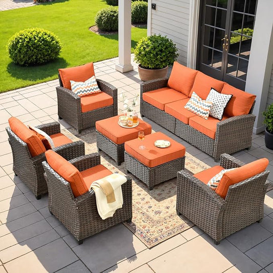 CAODOC 7 Pieces Rattan Patio Furniture Set, 4 x Single Chair, 2 x Ottoman and 3-Seat Sofa with Cushions, 9 Seats Outdoor Wicker Sectional Conversation Set for Garden, Poolside, Backyard