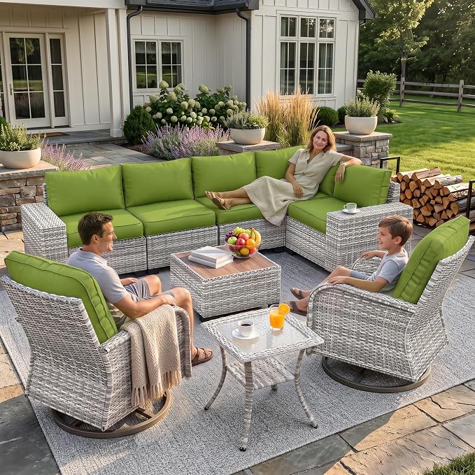 9-Piece Outdoor Patio Furniture Set with Rocking Swivel Chair Wicker Sectional Sofa Set, Patio Conversation Set with Thickened Cushions & Coffee Table for Garden, Backyard, Avocado Green