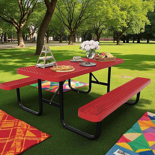 6FT Picnic Tables for Outdoors, Rectangular Commercial Metal Picnic Table Bench Set with Umbrella Hole, Heavy Duty Steel Weather-Resistant Dining Table for Patio Dining Garden Backyard BBQ School