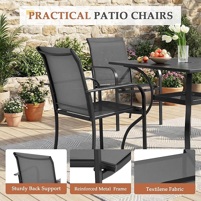 Crownland 5 Piece Patio Dining Set, Outdoor Textilene Dining Sets, 4 Textilene Metal Chairs and Square Outdoor Dining Table with Dark Blue 9FT Round Outdoor Umbrella (Grey)