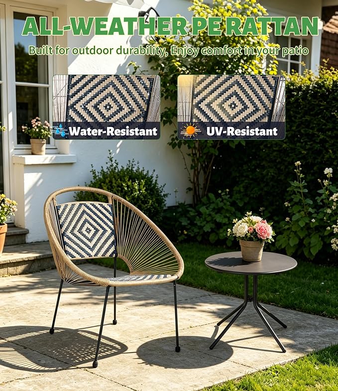 2-Piece Outdoor Patio Bistro Set, Wicker Chair with Cushion, PE Rattan All-Weather Conversation Set with Coffee Table for Balcony, Porch, Apartment, Poolside, Garden, Small Spaces, Black