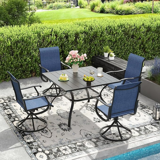 DIFY Patio Table and Chairs Set for 4, 5 Piece Outdoor Dining Set, 37.8" Black Square Metal Dining Table with Umbrella Hole and 4 Blue Textilene Swivel Patio Chairs, for Garden Backyard Deck