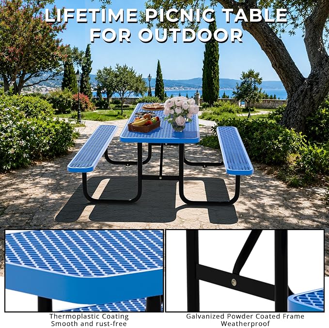 6FT Rectangular Steel Outdoor Picnic Table, Commercial Picnic Table Bench Set with Umbrella Hole, Weather-Resistant Heavy Duty School Dining Table for Stores, Park, Patio, Garden, Backyard, Blue