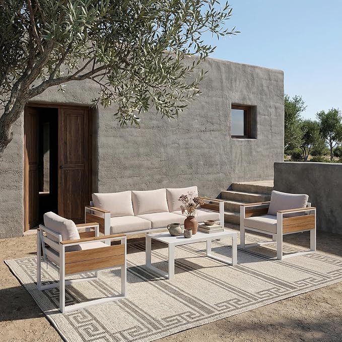 ENSTVER Aluminum Patio Furniture Sets, 5-Seat Outdoor Sofa with Premium Olefin Fabric Cushions & Zero-Maintenance Frame, Patio Sectional Conversation Set for Poolside, Garden