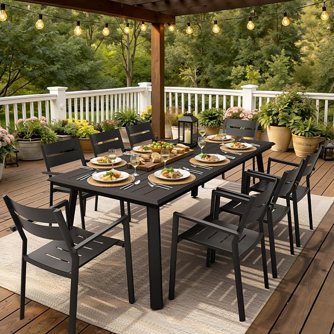 Outdoor Dining Table for 8, 83" Aluminum Patio Table | 1.57-1.97" Adjustable Umbrella Hole Rectangle All Weather Outside Table for Lawn Backyard Garden