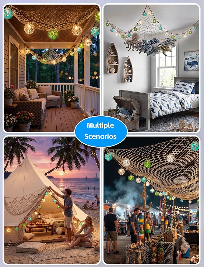 8.5Ft 10L Nautical Fish Float String Lights，Plug in Beach Themed Buoy Light | 1 Pack Fish Net, Connectable, Wall Hanging Fairy Lights for Indoor Home, Outdoor Patio Decorations - Blue/Green/White