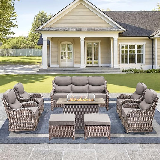 Luxury High Back Outdoor Furniture 6-Inch Thick Cushions with 50,000 BTU Gas Propane Fire Pit Tablet, Patio Furniture Set with Swivel Chairs, 8 PCS for Porch, Balcony, Deck and Yard