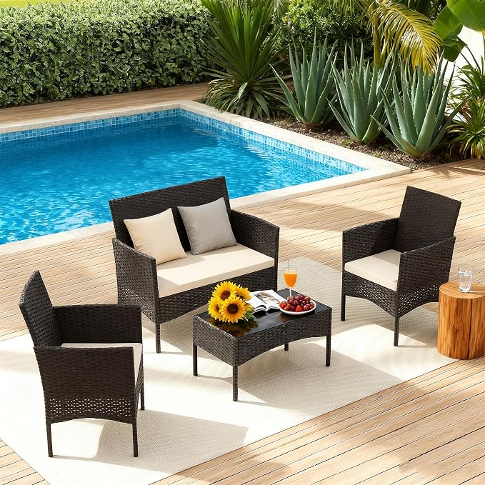 Gotland 4 Pieces Patio Furniture Set, Wicker Outdoor Furniture with 2 Chairs 1 Loveseat 1 Glass Coffee Table, Weather-Resistan Patio Set with Cushions, for Backyard Pool Porch Khaki