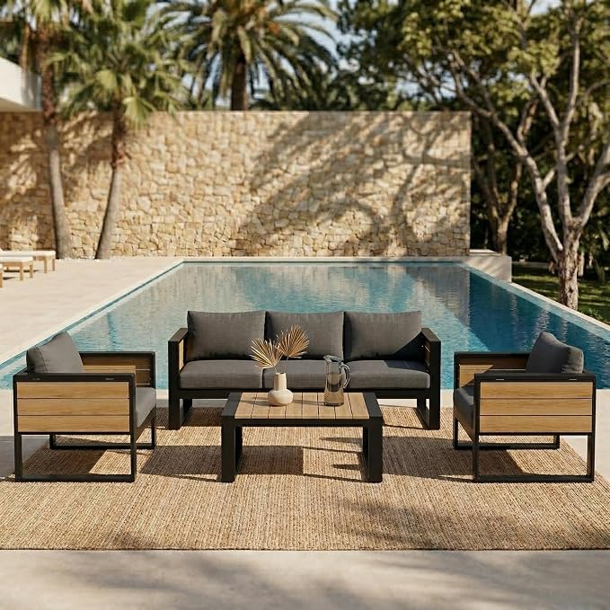 Merax Large 4-Piece Outdoor Patio Furniture Set for 5 Person, 3-Seater Sofa, 2 Armchairs with Fold-Out Side Tables, Aluminum Frame & Plastic-Wood, Modern Garden/Patio Seating, Grey Cushions