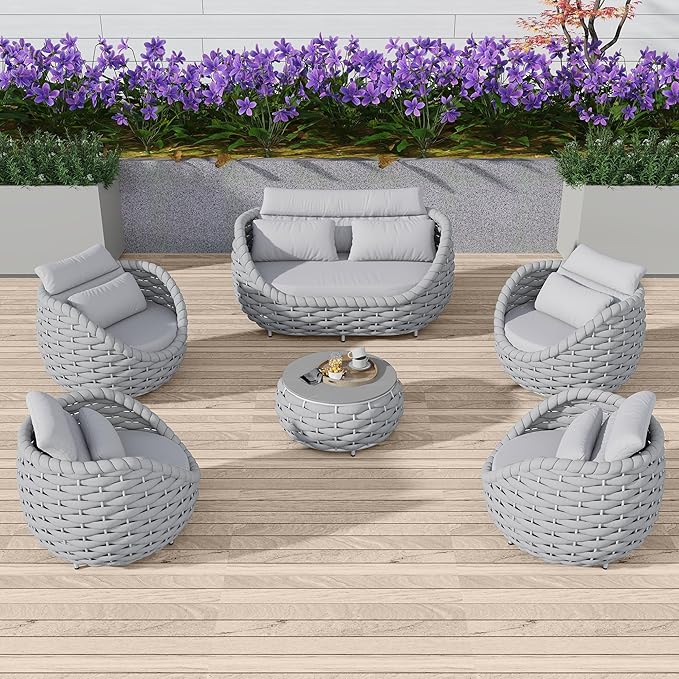 TWT 6-Piece Aluminum Patio Furniture Set, Olefin Rope Modern Outdoor Conversation Set Sectional Sofa with Water Repellent Thick Cushions and Coffee Table for Balcony, Garden, Light Grey