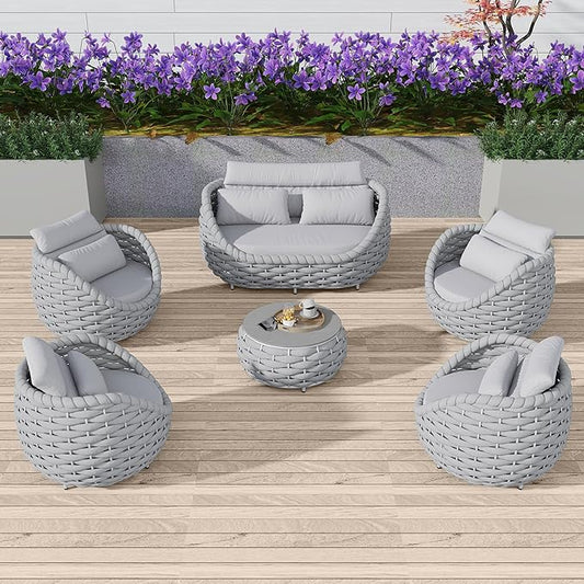 TWT 6-Piece Aluminum Patio Furniture Set, Olefin Rope Modern Outdoor Conversation Set Sectional Sofa with Water Repellent Thick Cushions and Coffee Table for Balcony, Garden, Light Grey