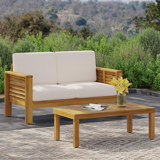 Christopher Knight Home Louver Outdoor Acacia Wood Loveseat and Coffee Table Set with Cushions, Acacia Wood 2 Seater Couch, Slats Panel Coffee Table, Chat Set for Balcony Garden Poolside, Teak+Cream