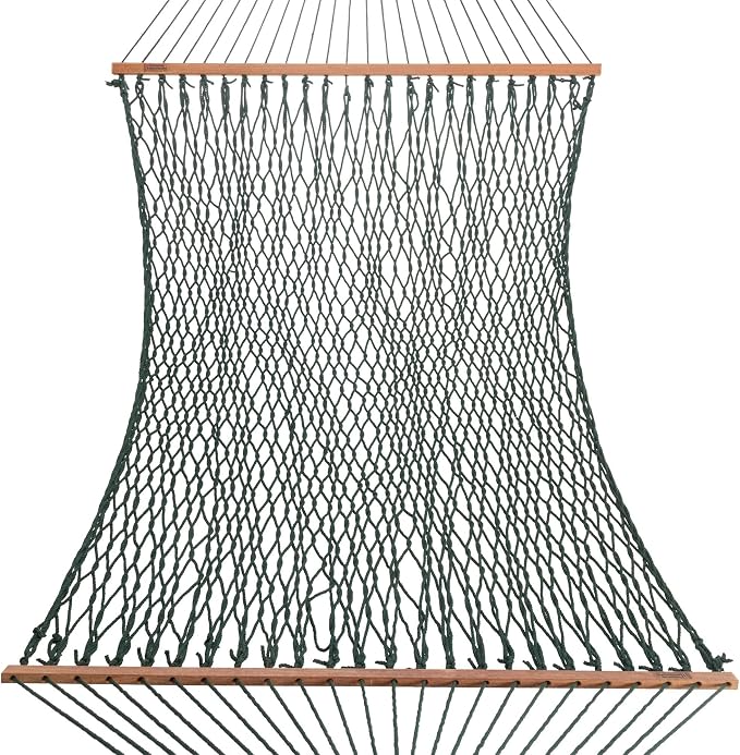 Hatteras Hammocks Deluxe Green DuraCord Rope Hammock – 13 ft. x 60 in., 2-Person, 450 lb Capacity, Cumaru Spreader Bar, Zinc-Plated Hardware – Handcrafted in The USA