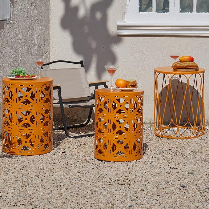 Y&M Patio Side Table,Indoor End Tables for Bedroom, Set of 3 Stacking Coffee Table for Living Room, Outdoor Decorative Garden Stool with Heavy Duty Metal Frame Modern Industrial Decor - Orange