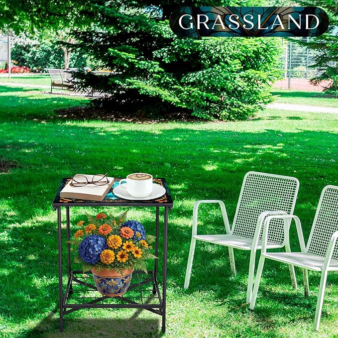 Cinnvoice Outdoor Side Table 2-Tier Storage Square Small Mosaic Patio Accent Indoor End Plant Coffee Tea Table for Yard Patio Porch Garden Living Room, Bedroom(Butterfly Style)