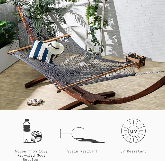 Fab Habitat 12-14 ft Adjustable Quick Dry Recycled Polyester Rope Hammock, Fade Resistant, 2 Person Indoor/Outdoor (460lbs Capacity) for Patio, Poolside, Backyard, Garden, Balcony, Miami - Charcoal