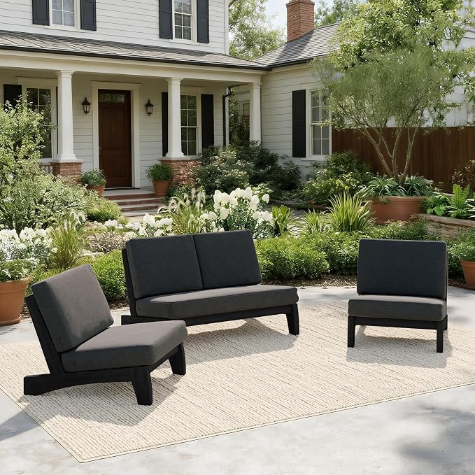 Pia Ricoo 4 Piece Patio Furniture Sets, Outdoor Loveseat Sofa Set with 2 Chairs & Coffee Table, Patio Conversation Set for Backyard, Deck, Lawn, Drak, Dark Wood