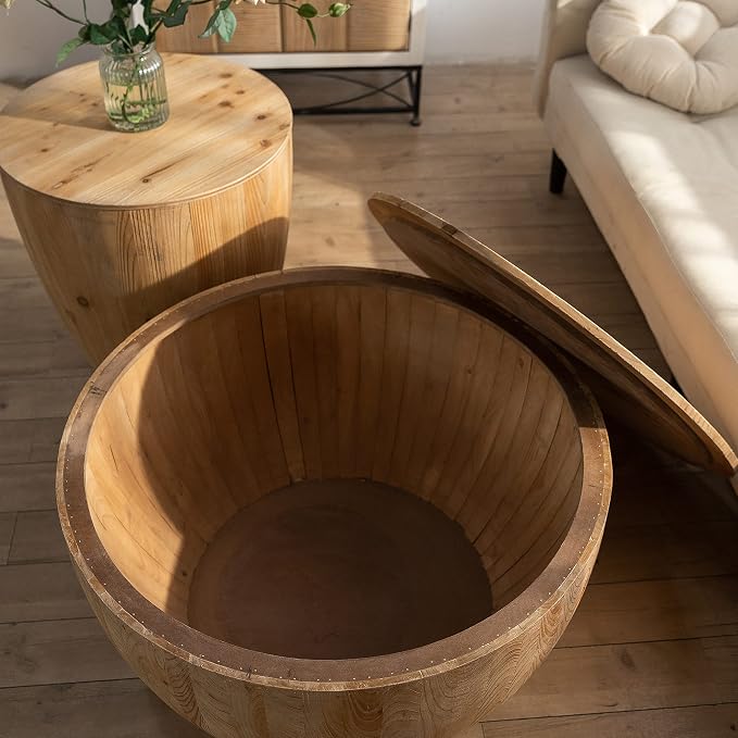 Vintage Drum Coffee Table Set, Wood Round Coffee Table Set of 2, Drum Side Table End Table Bucket Shaped Coffee Tables for Living Room Dining Room, No Need Assembly (Set of 2)