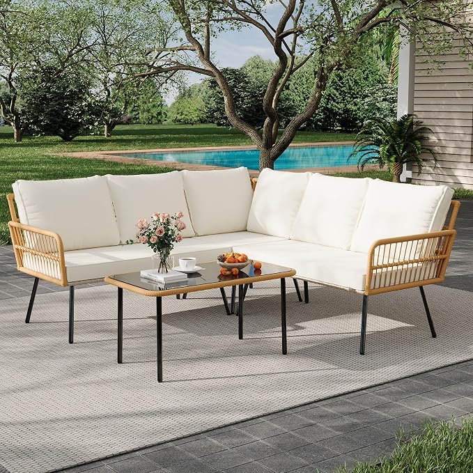 GarveeLife Wicker 4 Pieces Patio Furniture Sets Outdoor Sectional L-Shaped with Cushions & Side Table and Chairs Set, Boho Rattan 5 Seater Conversation Sets for Apartment, Bistro, Backyard,Porch,Beige