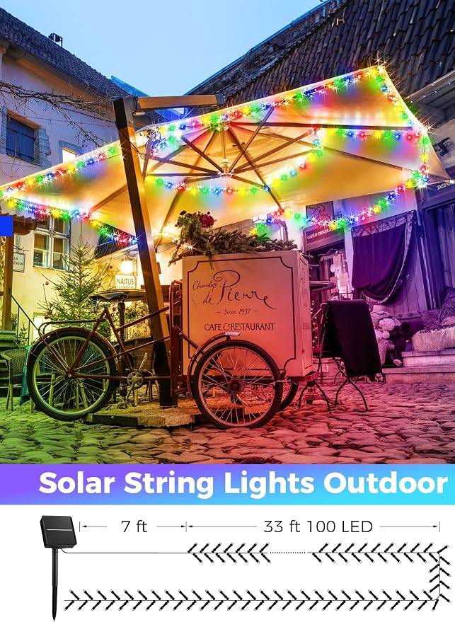 Minetom Solar String Lights Outdoor, 40FT 100 LED Christmas String Lights | Solar Christmas Lights Outdoor with 8 Lighting Modes, Waterproof Color Solar String Lights for Outside Tree Yard, Multicolor