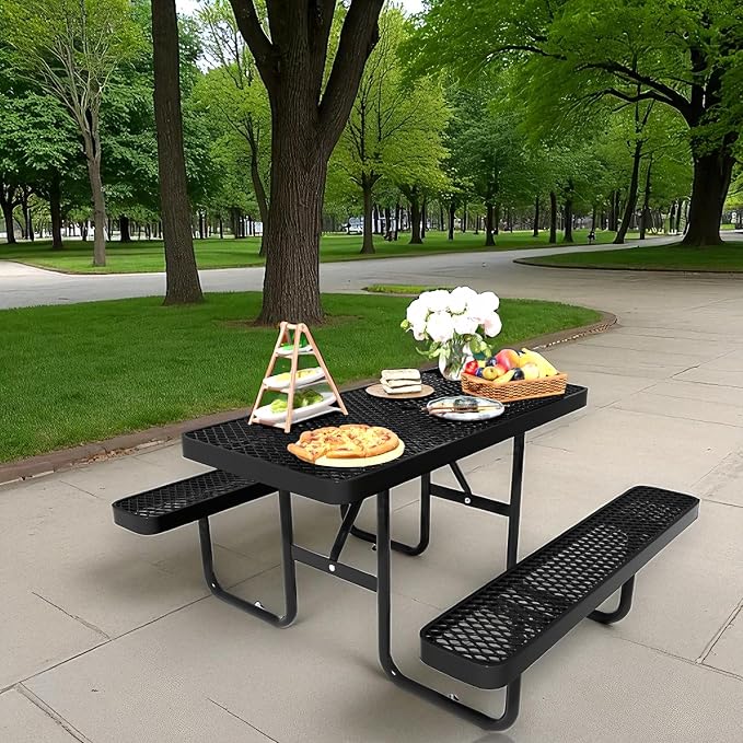 4 FT Metal Picnic Tables for Outside, Outdoor Coated Steel Heavy Duty Commercial Picnic Table with Benches, Patio Table Rectangular Furniture Set for Garden, Lawn, Shops, Parks