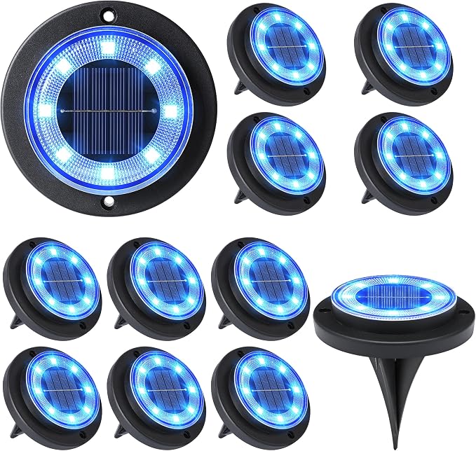 Flacchi Solar Lights Outdoor Waterproof，Blue 12 Pack 2-in-1 Ground Lights | Solar Powered Lights Outdoor Disk Light Landscape Light for Deck Step Patio Yard Pathway Walkway Driveway Garden