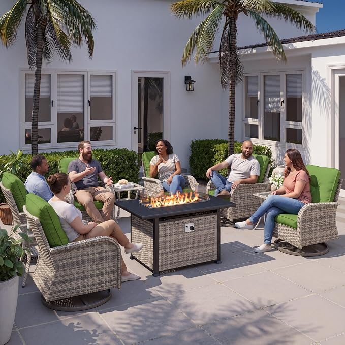 10Pcs Patio Rocking Swivel Chair with 55,000 BTU Fire Pit Table Outdoor Wicker Rattan Bistro Set with Tempered Glass Side Table, Patio Furniture Set for Garden and Balcony, Avocado Green