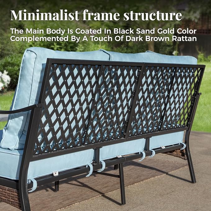 MIXPATIO Patio Furniture Set with Firepit Table, Black Frame Outdoor Conversation Set with 2 x Fixed Chairs, 1 x 3-Seat Sofa for Lawn Garden Backyard, Blue