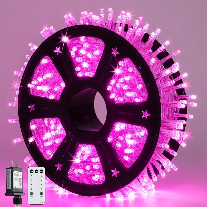 JMEXSUSS 600 LED Pink Christmas String Lights Indoor Outdoor Plug in | 168ft Pink Fairy Lights for Bedroom Romantic Tree Patio Wedding Party Christmas Room Decor, Remote Timer Clear Wire
