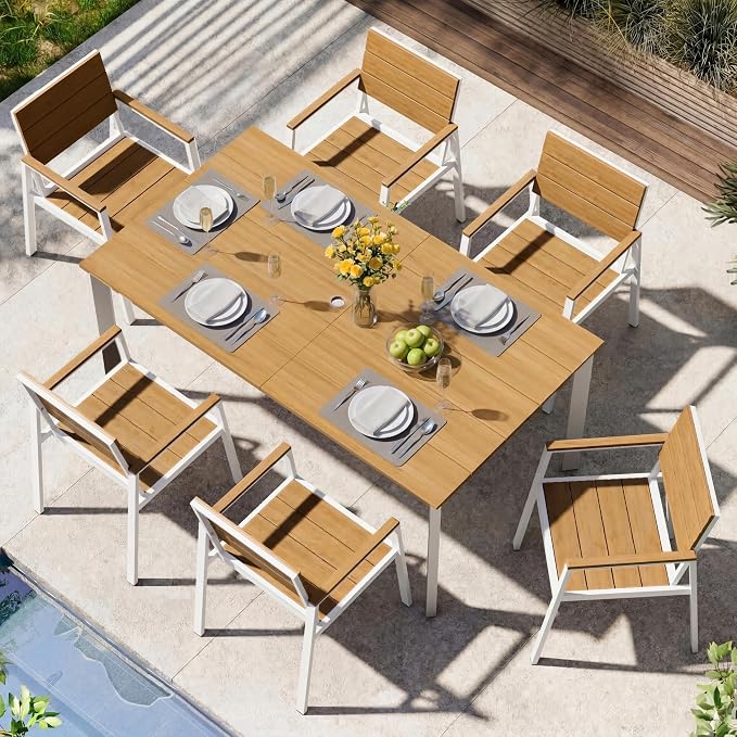 Outdoor Dining Set for 6, Aluminum Patio HDPS Outdooor Table and Chairs Set with Umbrella Hole, All Weather Patio Furniture Set, 7 Peice Patio Dining Table Set (White & Teak)