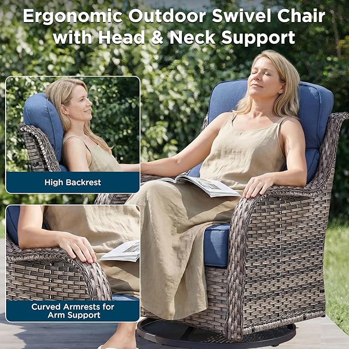 Luxury Patio Furniture Set with Fire Pit Table-4 Pieces High Back Wicker Swivel Rocker Chairs with 6" Extra Thick Cushions, Outdoor Patio Conversation Sets for Porch Deck Backyard(Grey/Blue)