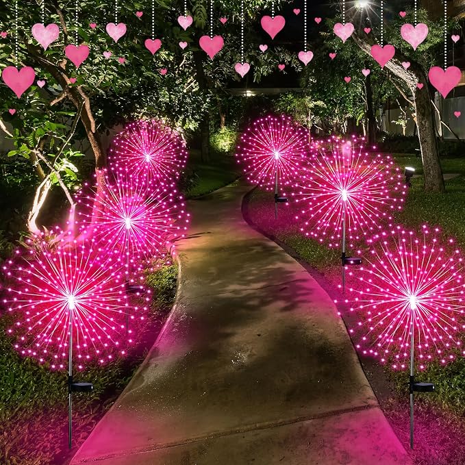 Tujoe 6 Pack Pink Solar Firework Lights 180 LED 8 Lighting Modes Waterproof Outdoor Decorative Solar Lights for Wedding Valentine Birthday Garden Patio Yard Pathway Walkway Lawn Decor