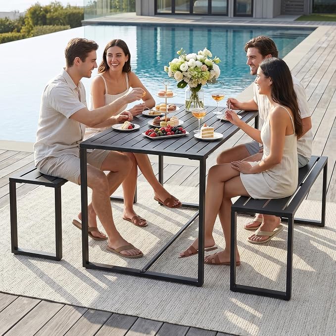 Outvita 44" Outdoor Matel Picnic Table and Bench Set, Patio Dining Set for 4 People, Outdoor Patio Furniture Dining Table and Chair Set for Garden, Yard, Porch