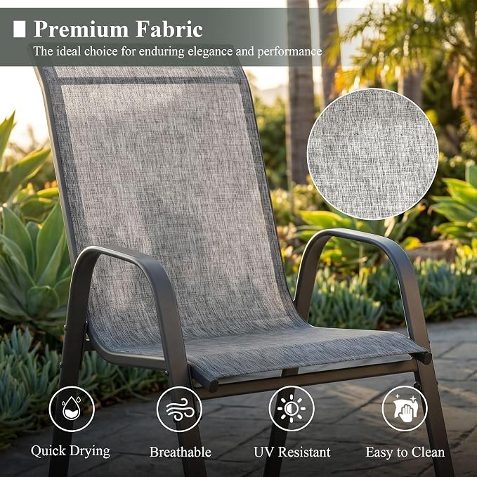 11 Pieces Outdoor Dining Set, 63.1" Spliced Patio Table with Umbrella Hole & Stackable Outdoor Dining Chairs, Patio Furniture Set for Deck Garden Porch, Grey Chairs & Grey Table