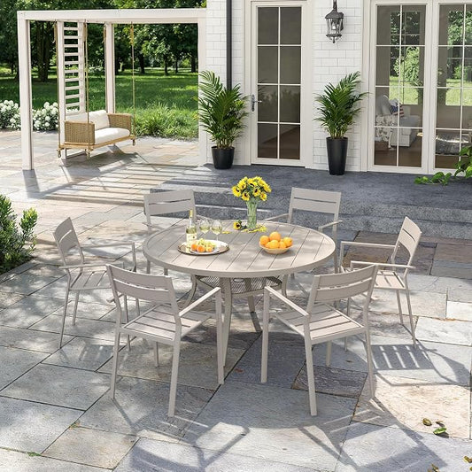 VICLLAX 7 Pieces Patio Outdoor Dining Set,Wrought Iron Metal Outdoor Table and Chairs Set,47" Round Table with Umbrella Hole and 6 Stackable Chairs for Lawn,Garden,Porch, Sandshell
