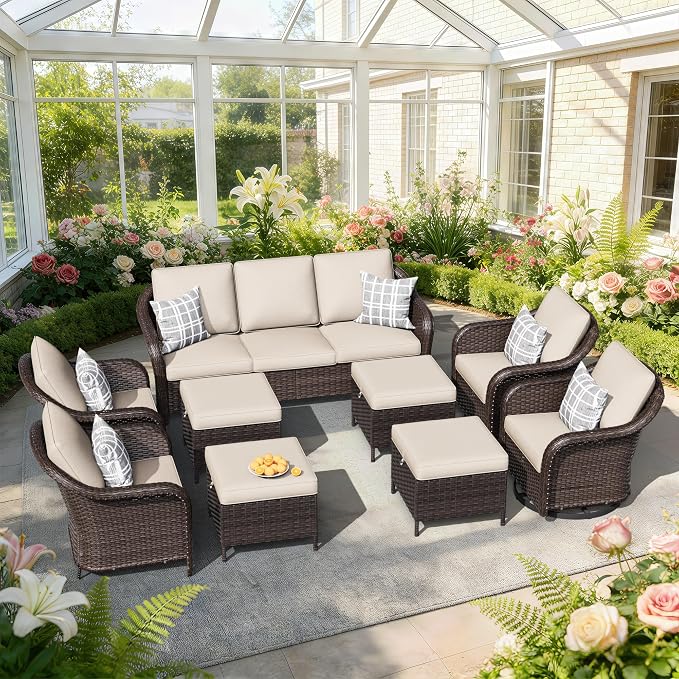 9 PCS Outdoor Conversation Set | 78" Couch, 2 Swivel Chairs, 2 Chairs, 4 Ottomans, Patio Wicker Conversation Furniture with Removable Cushions for Bistro, Deck, Sunroom (Beige)