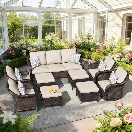 9 PCS Outdoor Conversation Set | 78" Couch, 2 Swivel Chairs, 2 Chairs, 4 Ottomans, Patio Wicker Conversation Furniture with Removable Cushions for Bistro, Deck, Sunroom (Beige)