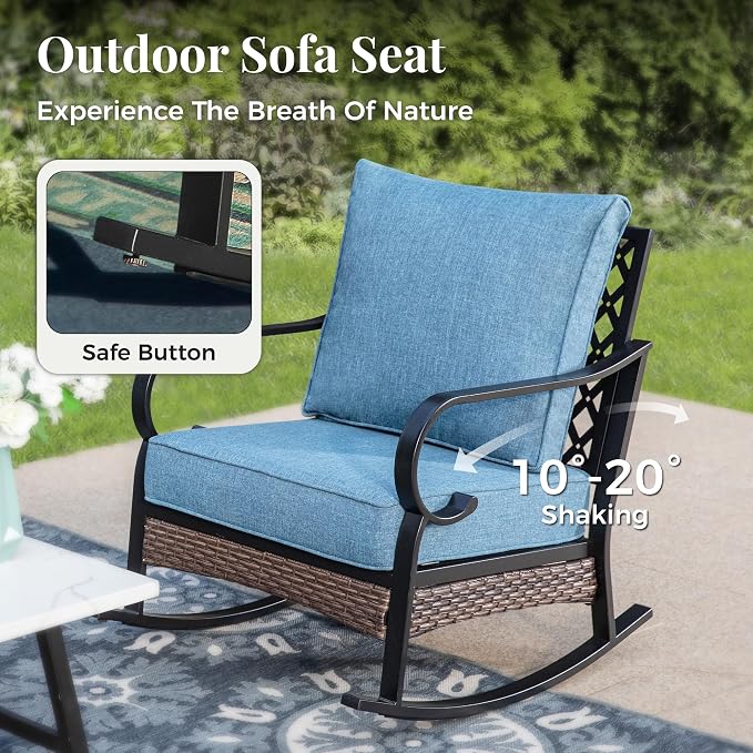 MIXPATIO Patio Furniture Set with Firepit Table, Black Frame Outdoor Conversation Set with 2 x Rocking Chair, 1 x 2-Seat Sofa for Lawn Garden Backyard, Navy Blue
