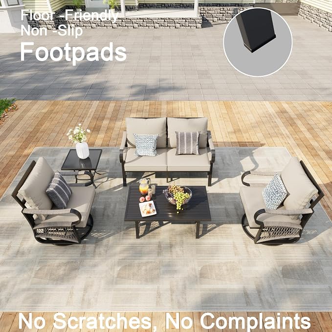 5 Pieces Outdoor Conversation Set, Rope Patio Furniture Sets Metal 2 Swivel Rockers with Side Table Loveseat Sofa with Coffee Table, Beige Cushions