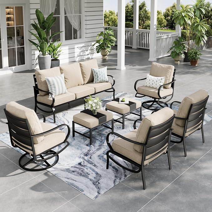 Sophia & William Patio Furniture Sets for 7 Outdoor Conversation Set 7 Pcs with 2 x Swivel Chairs, 2 x Armrest Sofa Chairs, 1 x 3-Seat Sofa, 2 x Ottomans for Coffee Garden Backyard Poolside Beige